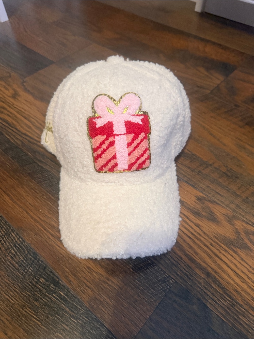 Judith March Sherpa White Trucker Hat with Pink & Red Gift Patch